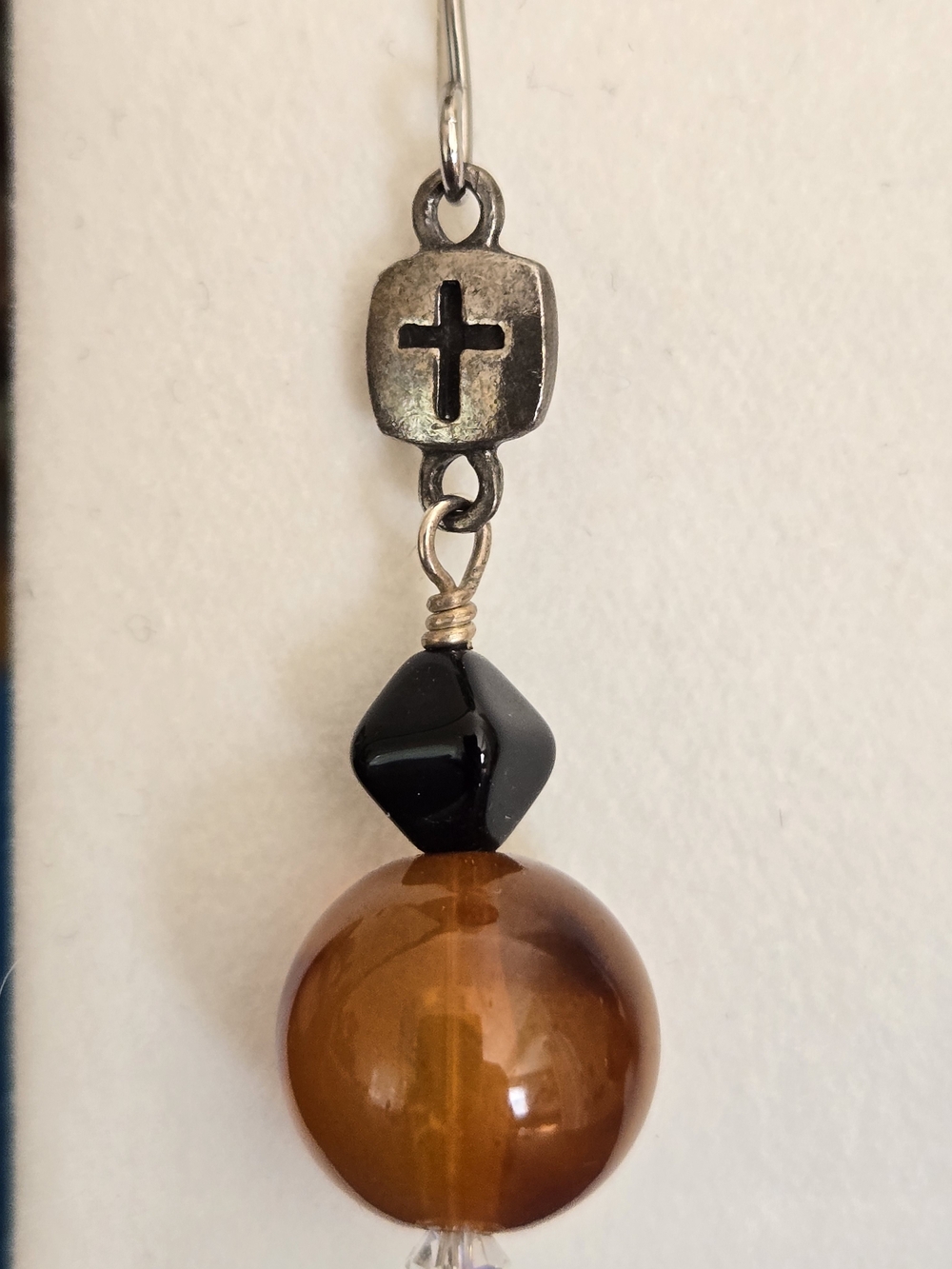 Women’s Cross Accent Dangle Earrings - Black, Amber & White Beads - Picture 2 of 4